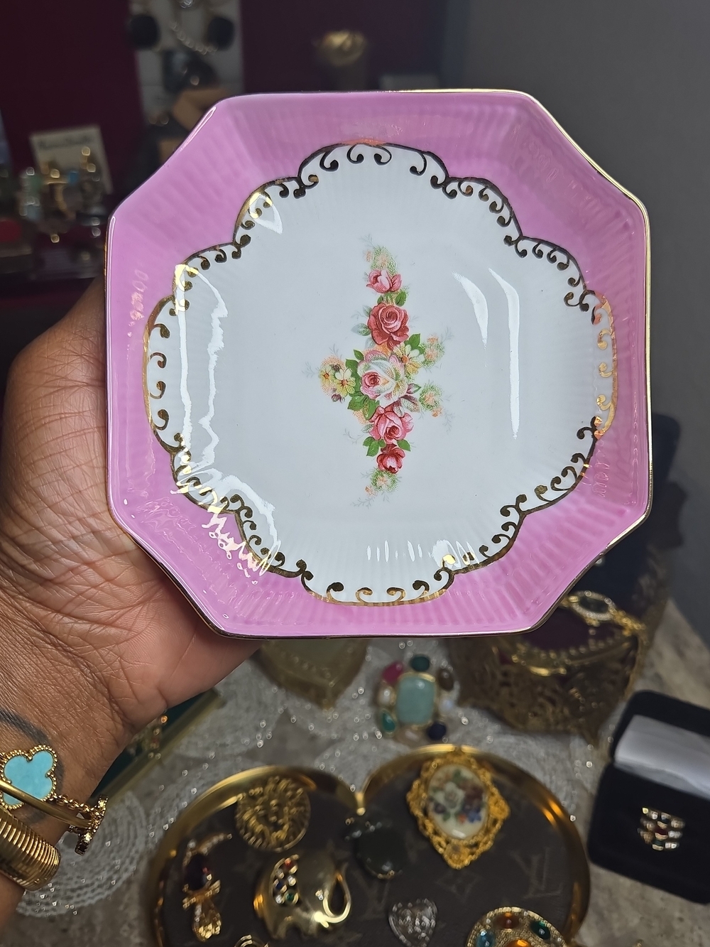Pink Floral Porcelain Trinket Dish with Gold Trim